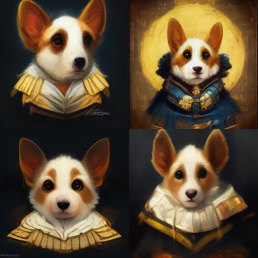 Four images of A cute corgi in the style of Rembrandt via Midjourney AI