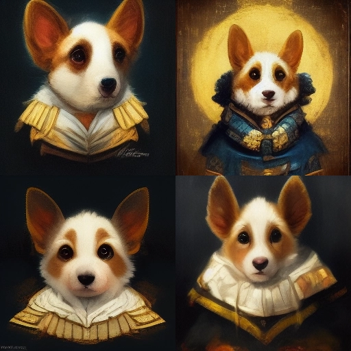 Corgi Rembrandt Four images of A cute corgi in the style of Rembrandt via Midjourney AI