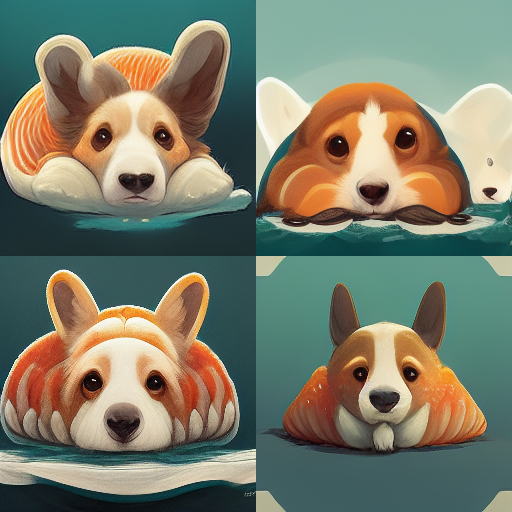 Four images of a cute corgi riding on the back of a walrus via Midjourney AI