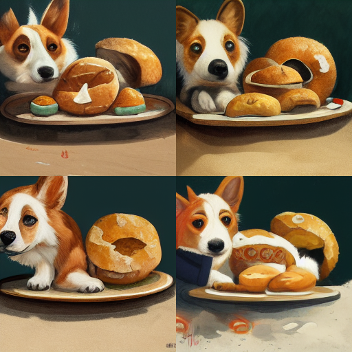 Four images of a cute corgi sits at a table with a bagel in front of him via Midjourney AI