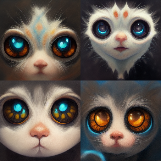 Four images of a cute kitten, large eyes, highly detailed eyes, ethereal