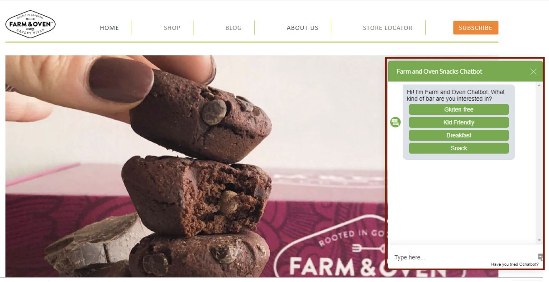 Screenshot Example of Ochatbot on client site Farm and Oven
