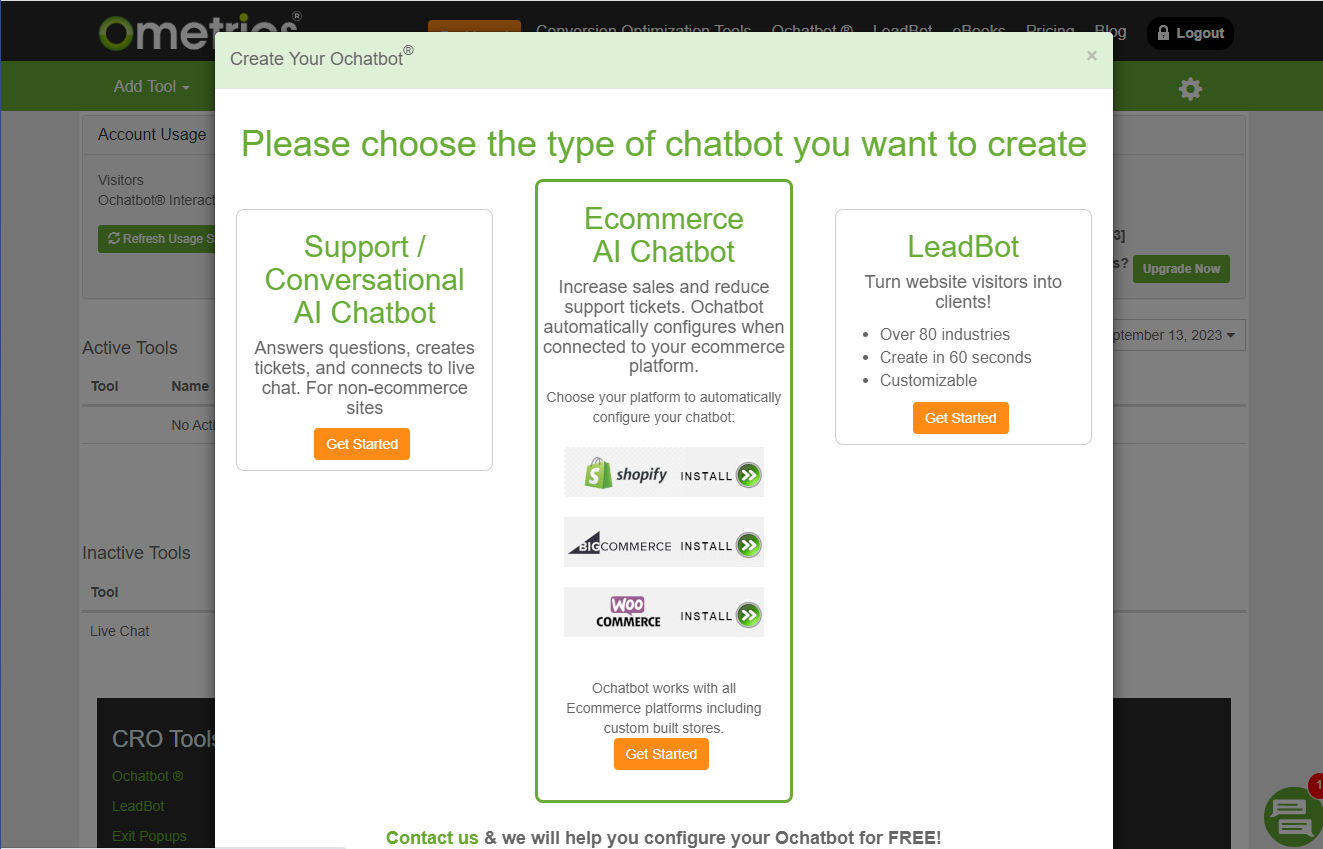 Get Started Chatbot Selection Screenshot