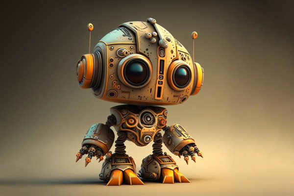 A small robot is standing on a dark background.
