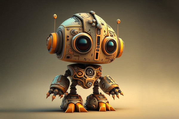 image of a cute chatbot main A small robot is standing on a dark background.