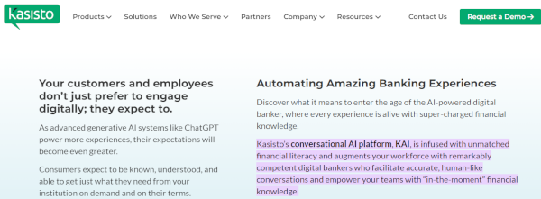 kasisto A screenshot of a website with the words'automated banking experience'.