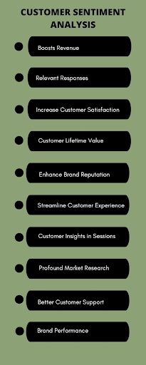 a chart of customer sentiment analysis: boosts revenue, relevant responses, increase customer satisfaction, customer lifetime value, enhance brand reputation, streamline customer experience, customer insights in sessions, profound market research, better customer support, brand performance.