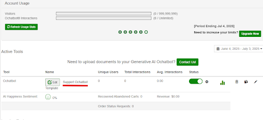Support Screenshot screenshot of ochatbot dashboard