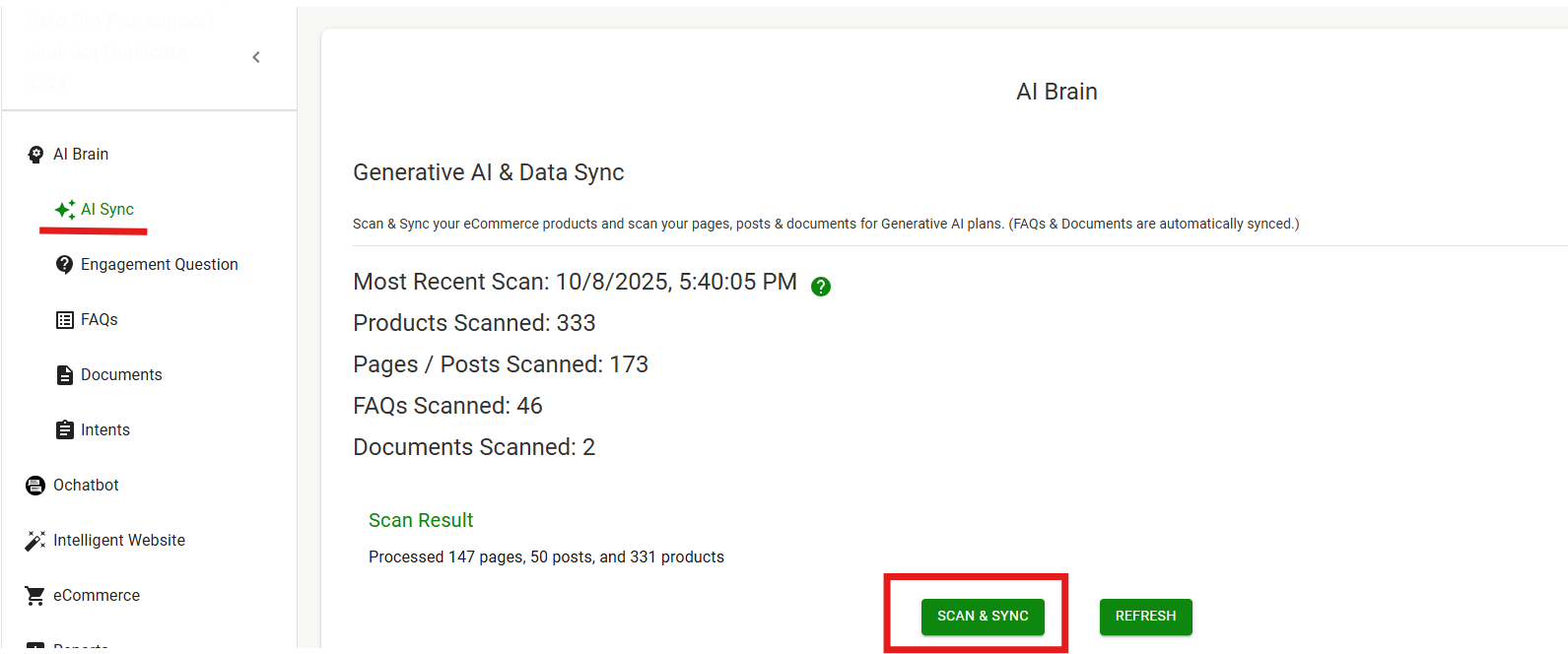 Scan & Sync screenshot screenshot of the AI sync fetaure in Ochatbot