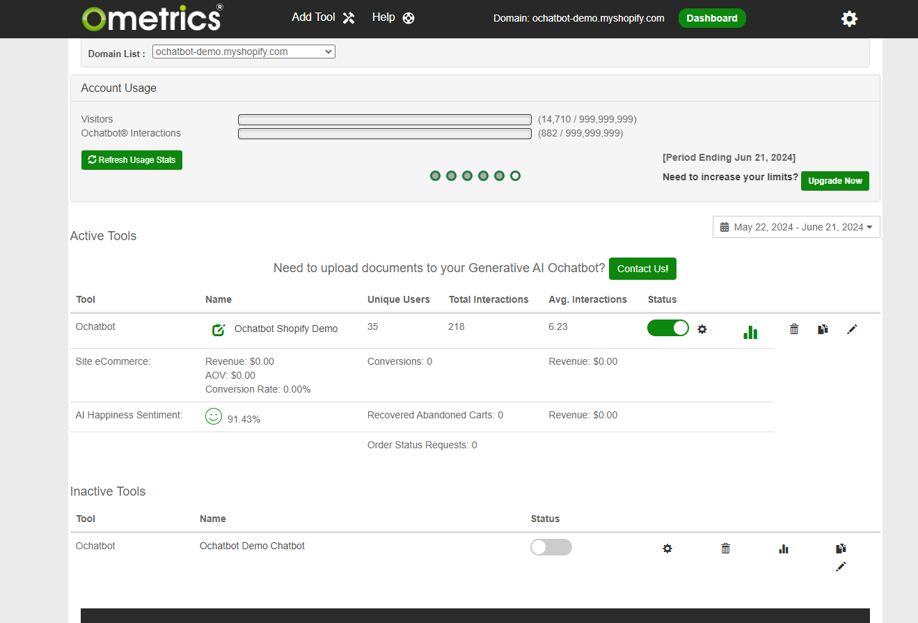 screenshot of the ochatbot main dashboard